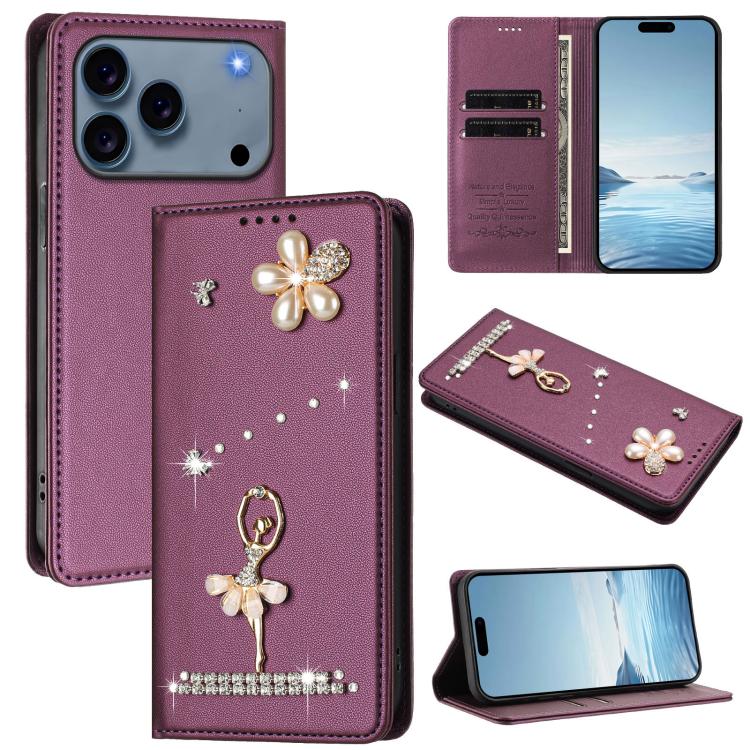 Ốp lưng điện thoại bằng da thuần chay đính kim cương hình cô gái múa ba-lê có RFID, cho iPhone 17e / 16e, iPhone 17 Pro Max, iPhone 17 Pro, iPhone 17, iPhone Air, iPhone 16 Pro Max
