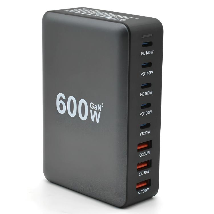 Bộ sạc nhanh để bàn công suất cao GaN 600W 8 cổng USB-C / Type-C và USB-A, phích cắm EU, US, UK, AU