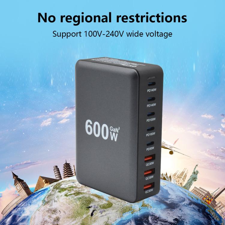 Bộ sạc nhanh để bàn công suất cao GaN 600W 8 cổng USB-C / Type-C và USB-A, phích cắm EU, US, UK, AU