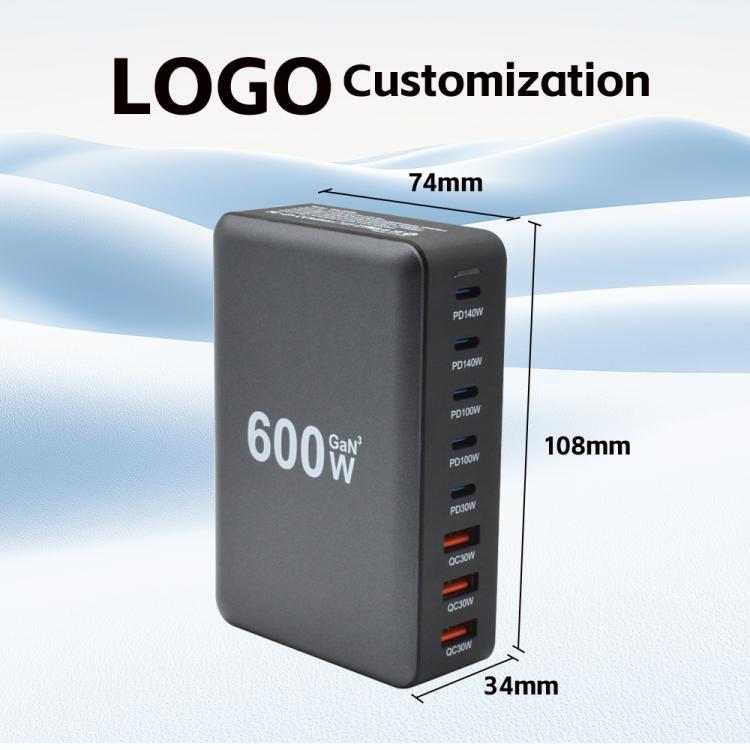 Bộ sạc nhanh để bàn công suất cao GaN 600W 8 cổng USB-C / Type-C và USB-A, phích cắm EU, US, UK, AU
