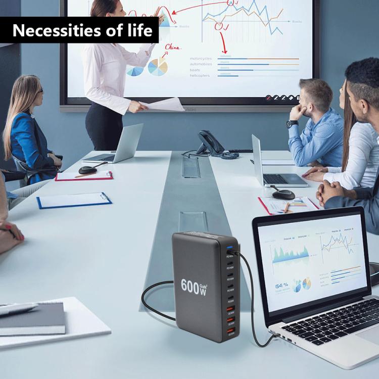 Bộ sạc nhanh để bàn công suất cao GaN 600W 8 cổng USB-C / Type-C và USB-A, phích cắm EU, US, UK, AU