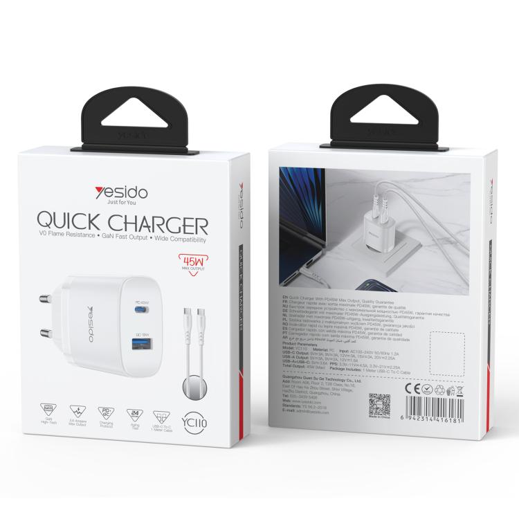 Bộ sạc nhanh giao diện kép USB và Type-C PD45W Yesido, phích cắm EU, UK, US