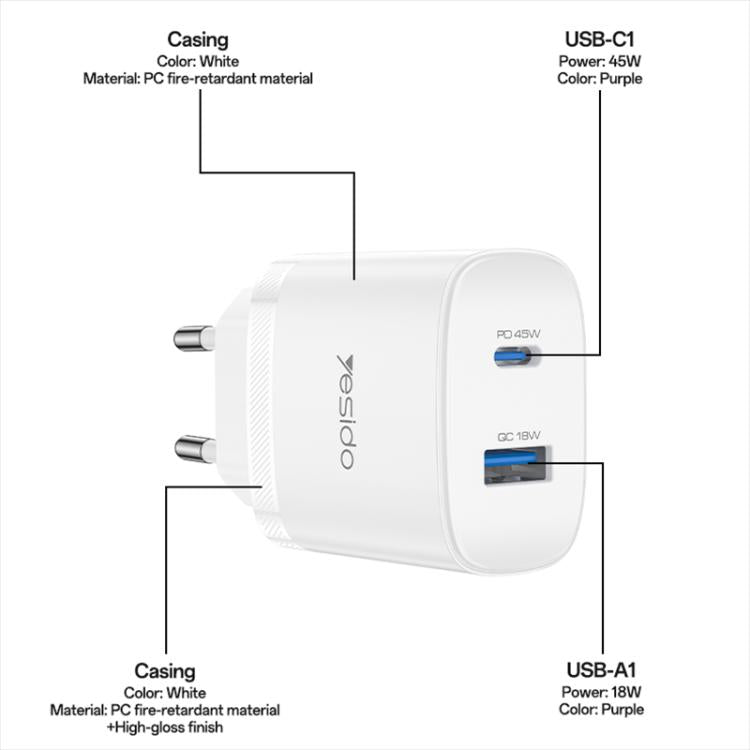 Bộ sạc nhanh giao diện kép USB và Type-C PD45W Yesido, phích cắm EU, UK, US