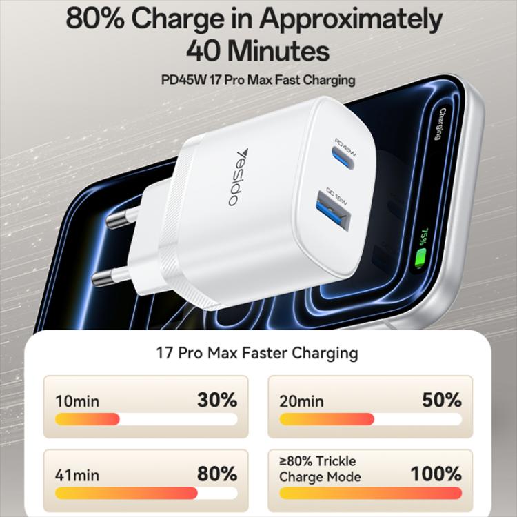 Bộ sạc nhanh giao diện kép USB và Type-C PD45W Yesido, phích cắm EU, UK, US