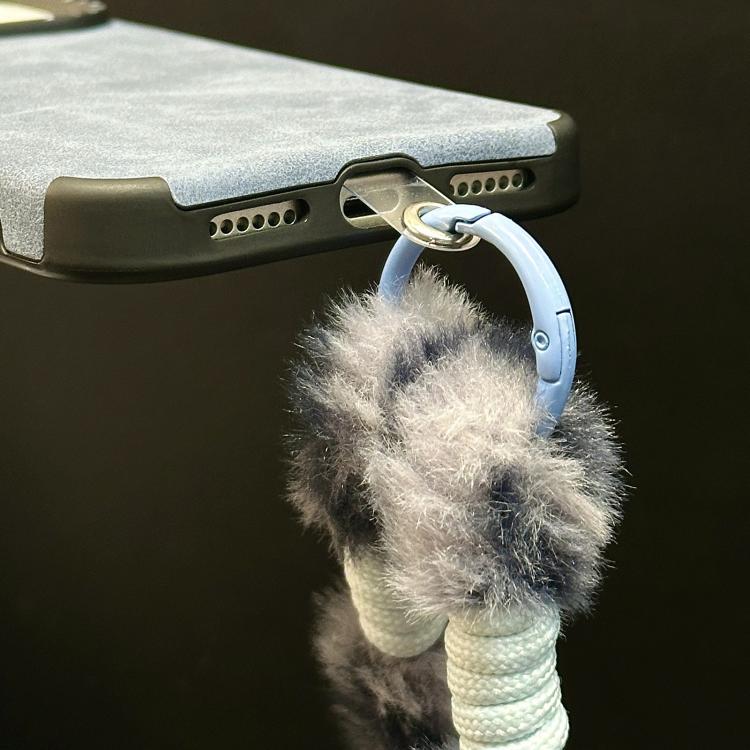 Faux Suede Fabric TPU Phone Case with Screen-printed Rabbit Plush Rope, For iPhone 17 Pro Max, For iPhone 17 Pro, For iPhone 17, For iPhone 16 Pro Max, For iPhone 16 Pro, For iPhone 16, For iPhone 15 Pro Max, For iPhone 15 Pro