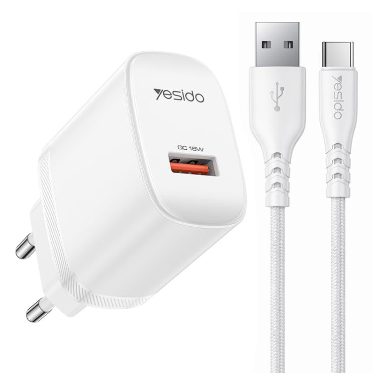 Bộ sạc giao diện đơn USB 18W Yesido kèm cáp USB sang Type-C, phích cắm EU, phích cắm UK, phích cắm US