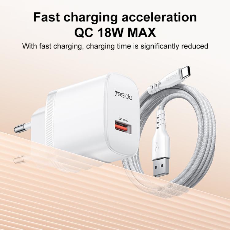 Bộ sạc giao diện đơn USB 18W Yesido kèm cáp USB sang Type-C, phích cắm EU, phích cắm UK, phích cắm US