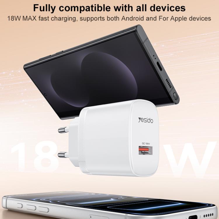 Bộ sạc giao diện đơn USB 18W Yesido kèm cáp USB sang Type-C, phích cắm EU, phích cắm UK, phích cắm US