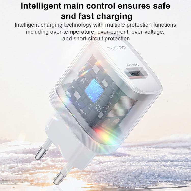 Bộ sạc giao diện đơn USB 18W Yesido kèm cáp USB sang Type-C, phích cắm EU, phích cắm UK, phích cắm US