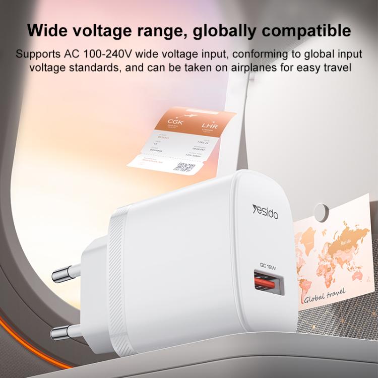 Bộ sạc giao diện đơn USB 18W Yesido kèm cáp USB sang Type-C, phích cắm EU, phích cắm UK, phích cắm US
