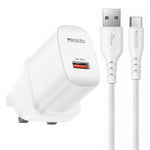 Bộ sạc giao diện đơn USB 18W Yesido kèm cáp USB sang Type-C, phích cắm EU, phích cắm UK, phích cắm US