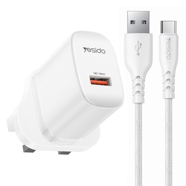 Bộ sạc giao diện đơn USB 18W Yesido kèm cáp USB sang Type-C, phích cắm EU, phích cắm UK, phích cắm US