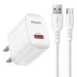 Bộ sạc giao diện đơn USB 18W Yesido kèm cáp USB sang Type-C, phích cắm EU, phích cắm UK, phích cắm US
