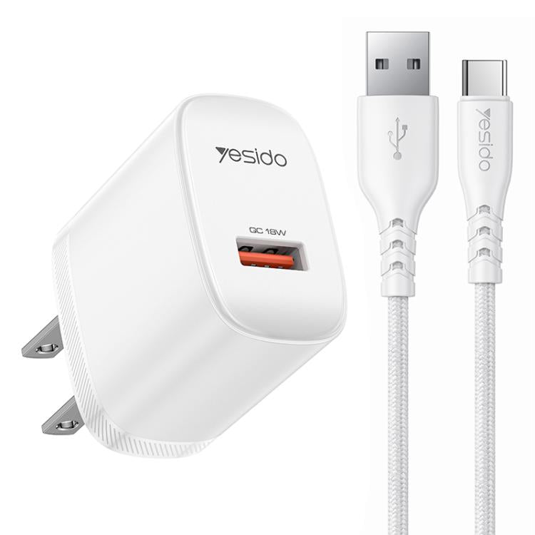 Bộ sạc giao diện đơn USB 18W Yesido kèm cáp USB sang Type-C, phích cắm EU, phích cắm UK, phích cắm US