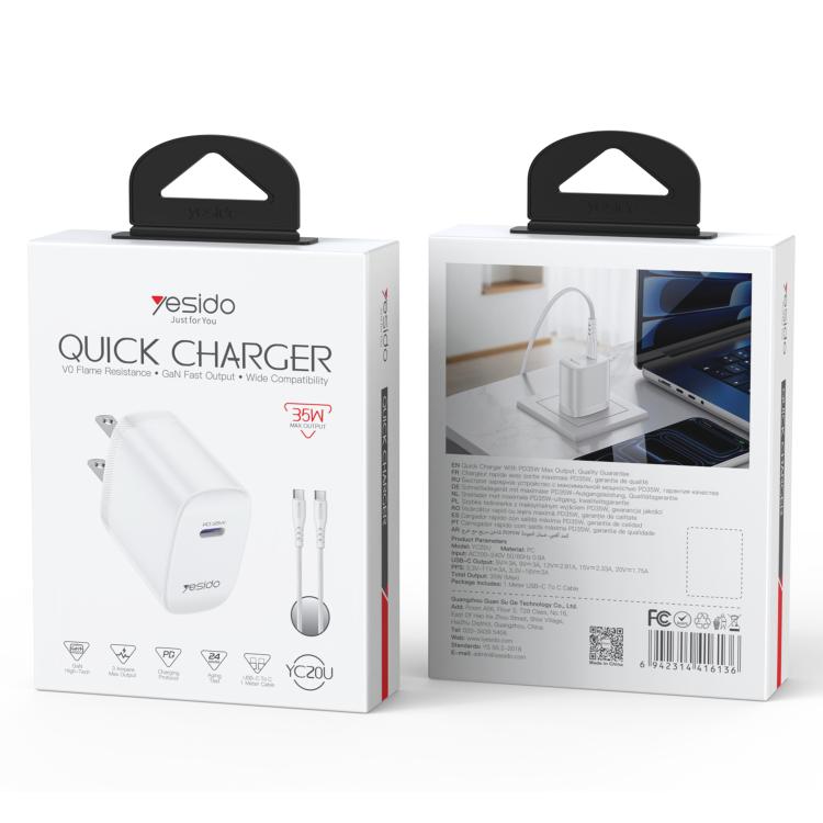 Bộ sạc nhanh cổng đơn Yesido YC20U PD35W USB-C / Type-C kèm cáp Type-C sang Type-C, YC20U