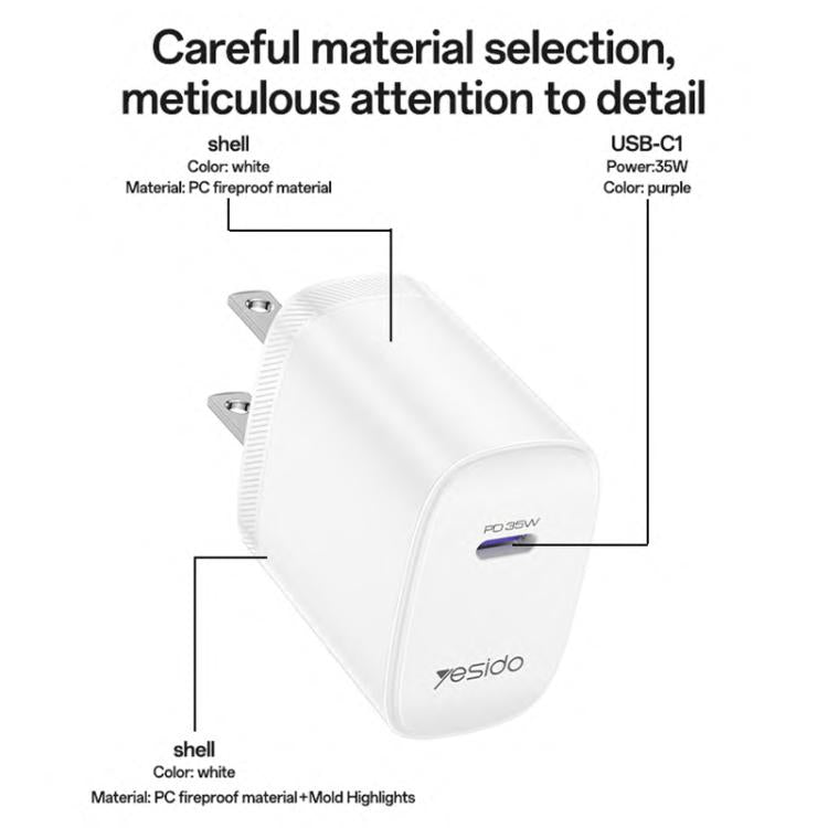 Bộ sạc nhanh cổng đơn Yesido YC20U PD35W USB-C / Type-C kèm cáp Type-C sang Type-C, YC20U