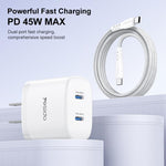 Bộ sạc nhanh đôi Yesido PD45W Type-C kèm cáp Type-C sang Type-C, phích cắm US, EU, UK