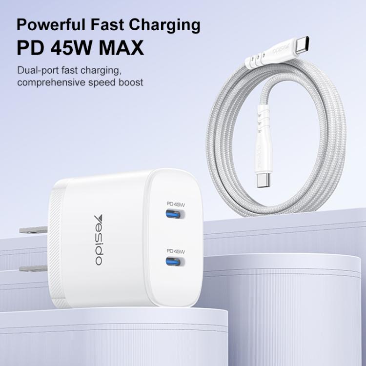 Bộ sạc nhanh đôi Yesido PD45W Type-C kèm cáp Type-C sang Type-C, phích cắm US, EU, UK