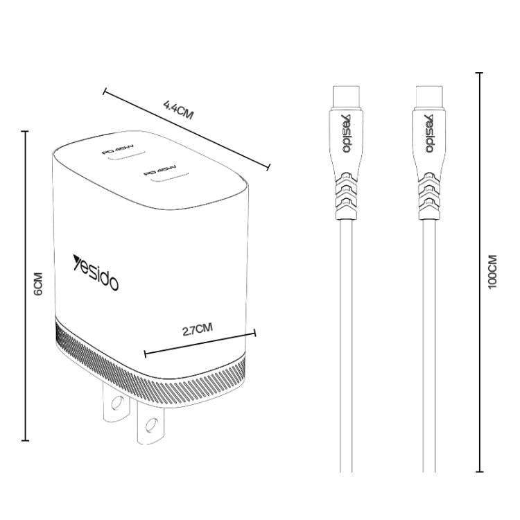 Bộ sạc nhanh đôi Yesido PD45W Type-C kèm cáp Type-C sang Type-C, phích cắm US, EU, UK