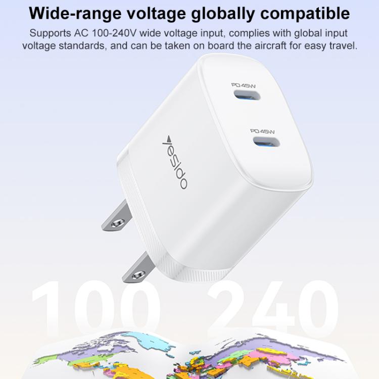 Bộ sạc nhanh đôi Yesido PD45W Type-C kèm cáp Type-C sang Type-C, phích cắm US, EU, UK