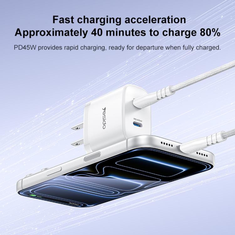 Bộ sạc nhanh đôi Yesido PD45W Type-C kèm cáp Type-C sang Type-C, phích cắm US, EU, UK