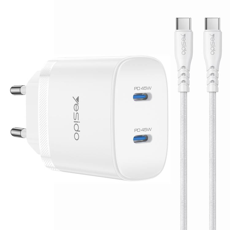 Bộ sạc nhanh đôi Yesido PD45W Type-C kèm cáp Type-C sang Type-C, phích cắm US, EU, UK