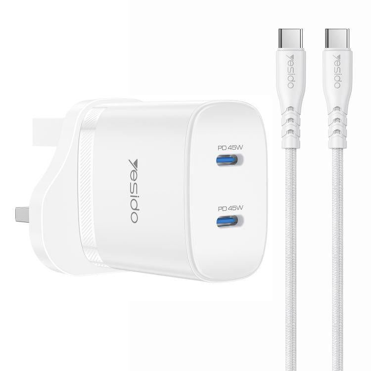 Bộ sạc nhanh đôi Yesido PD45W Type-C kèm cáp Type-C sang Type-C, phích cắm US, EU, UK