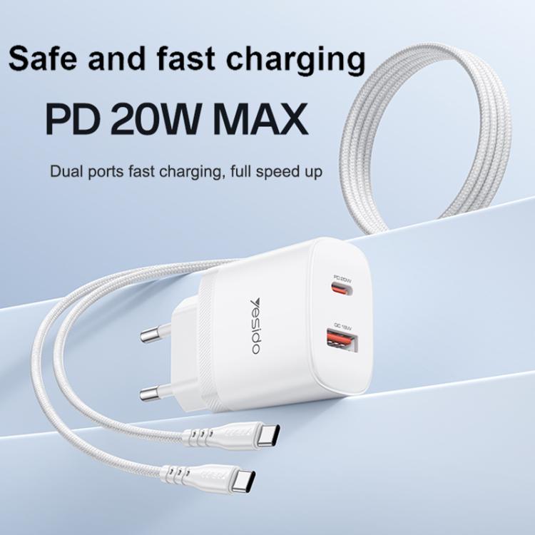 Bộ sạc cổng đôi Yesido YC106 PD20W USB-C / Type-C và QC18W USB-A kèm cáp Type-C sang Type-C, YC106