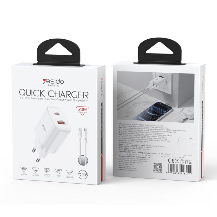 Bộ sạc cổng đôi Yesido YC106 PD20W USB-C / Type-C và QC18W USB-A kèm cáp Type-C sang Type-C, YC106