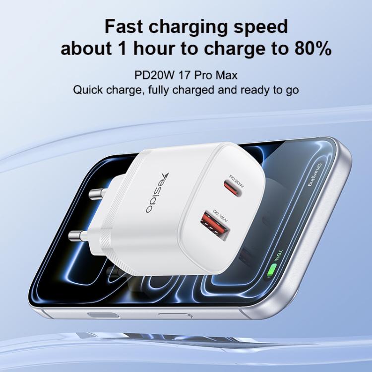 Bộ sạc cổng đôi Yesido YC106 PD20W USB-C / Type-C và QC18W USB-A kèm cáp Type-C sang Type-C, YC106