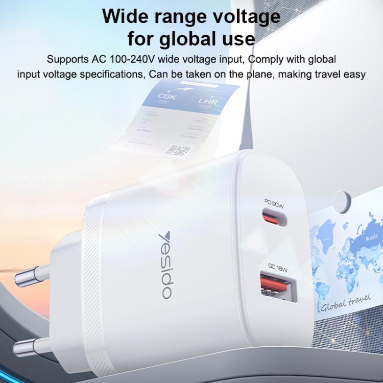 Bộ sạc cổng đôi Yesido YC106 PD20W USB-C / Type-C và QC18W USB-A kèm cáp Type-C sang Type-C, YC106