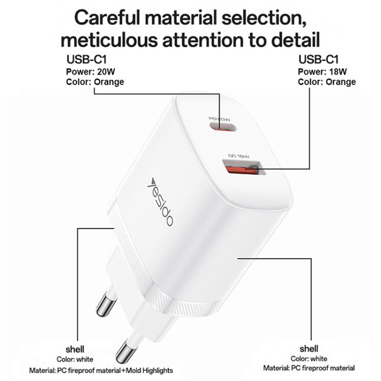 Bộ sạc cổng đôi Yesido YC106 PD20W USB-C / Type-C và QC18W USB-A kèm cáp Type-C sang Type-C, YC106