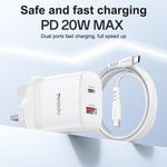 Bộ sạc cổng đôi Yesido YC152 PD20W USB-C / Type-C và QC18W USB-A kèm cáp Type-C sang Type-C, YC152