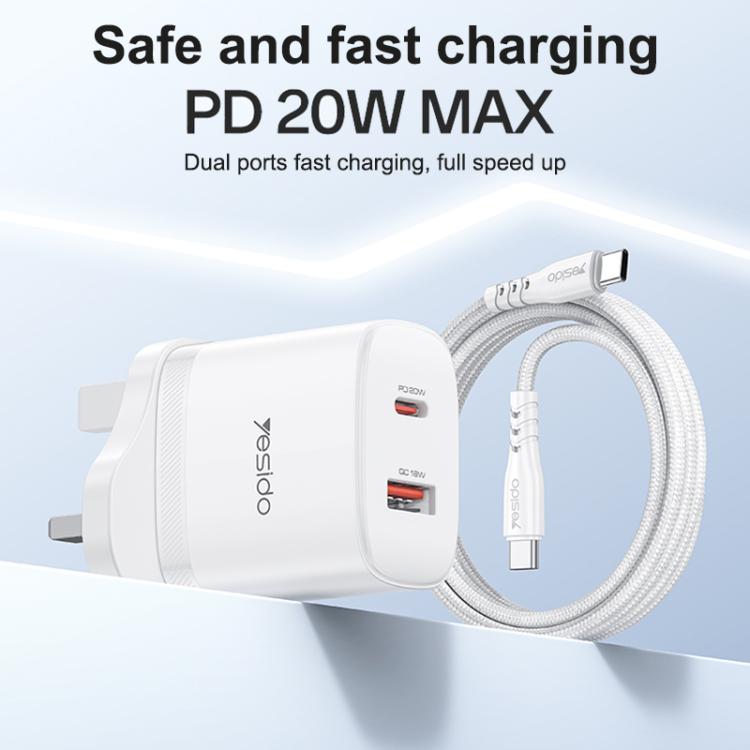 Bộ sạc cổng đôi Yesido YC152 PD20W USB-C / Type-C và QC18W USB-A kèm cáp Type-C sang Type-C, YC152