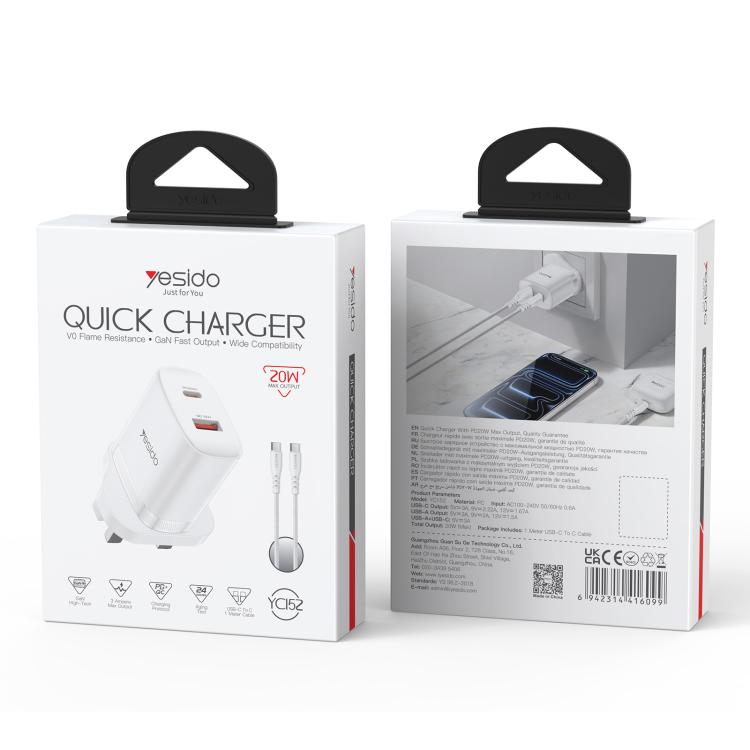 Bộ sạc cổng đôi Yesido YC152 PD20W USB-C / Type-C và QC18W USB-A kèm cáp Type-C sang Type-C, YC152