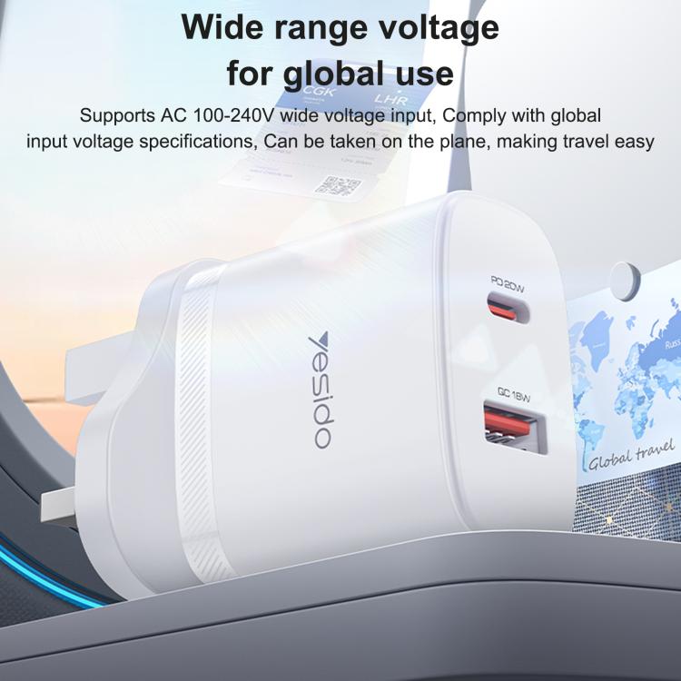 Bộ sạc cổng đôi Yesido YC152 PD20W USB-C / Type-C và QC18W USB-A kèm cáp Type-C sang Type-C, YC152