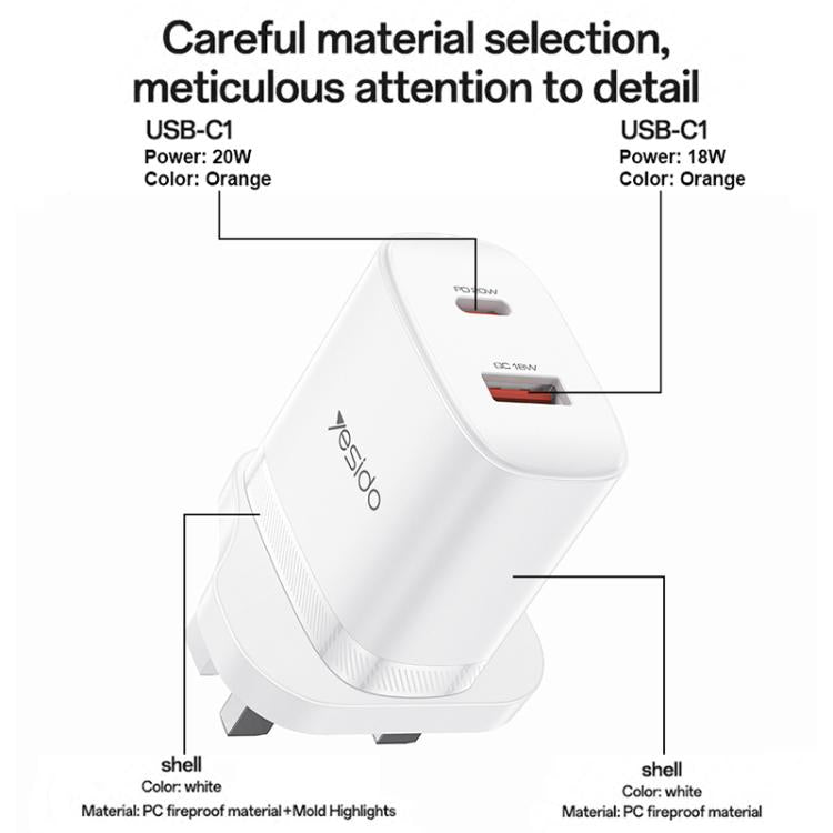 Bộ sạc cổng đôi Yesido YC152 PD20W USB-C / Type-C và QC18W USB-A kèm cáp Type-C sang Type-C, YC152