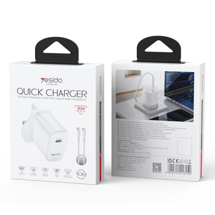 Bộ sạc nhanh cổng đơn Yesido YC153 PD35W USB-C / Type-C kèm cáp Type-C sang Type-C, YC153