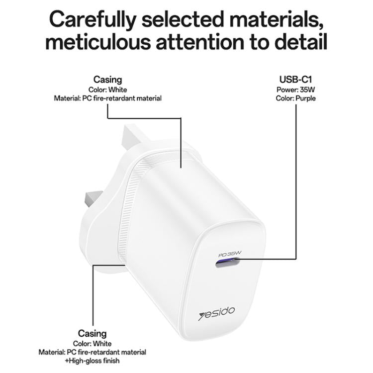 Bộ sạc nhanh cổng đơn Yesido YC153 PD35W USB-C / Type-C kèm cáp Type-C sang Type-C, YC153