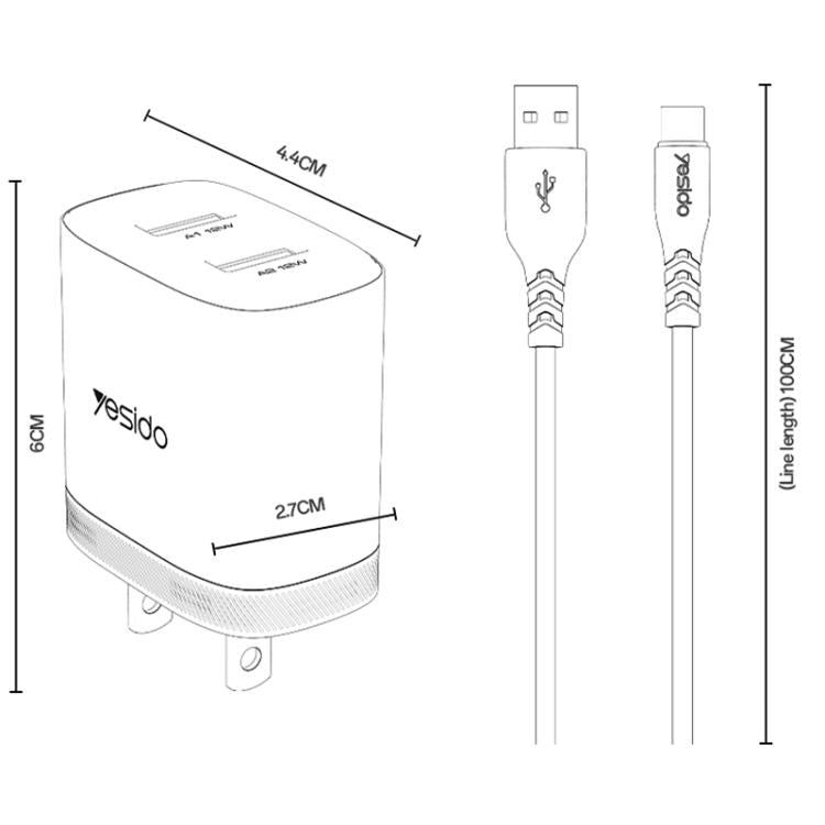 Yesido YC17U 12W 2.4A USB Dual Ports Charger Set with 1m USB to Type-C Data Cable, YC17U
