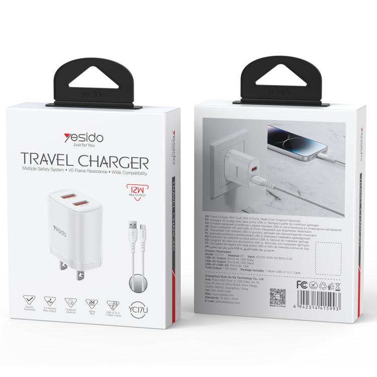 Yesido YC17U 12W 2.4A USB Dual Ports Charger Set with 1m USB to Type-C Data Cable, YC17U