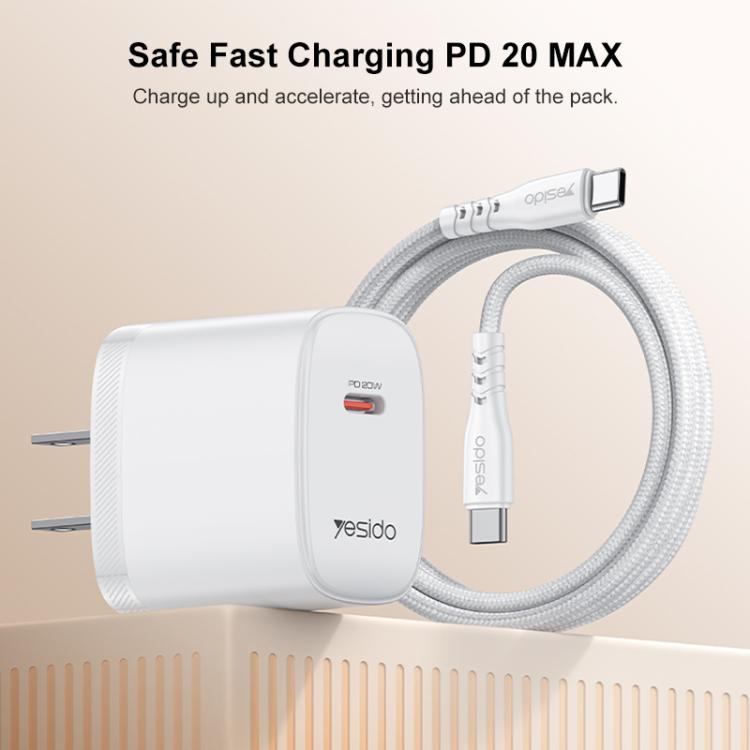 Bộ sạc Yesido YC18U PD20W Type-C kèm cáp dữ liệu Type-C 1m sang Type-C, YC18U