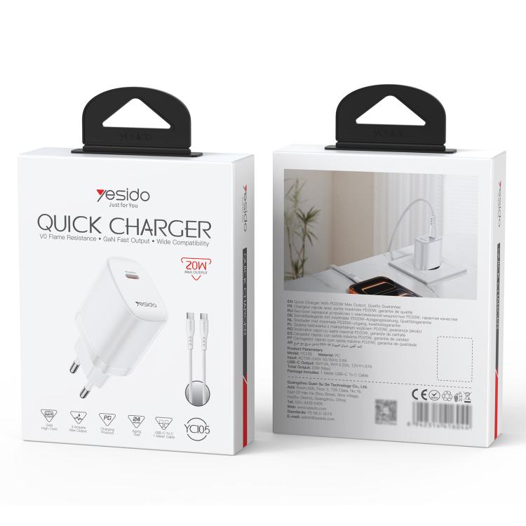 Bộ sạc Yesido YC105 PD20W Type-C kèm cáp dữ liệu Type-C 1m sang Type-C, YC105