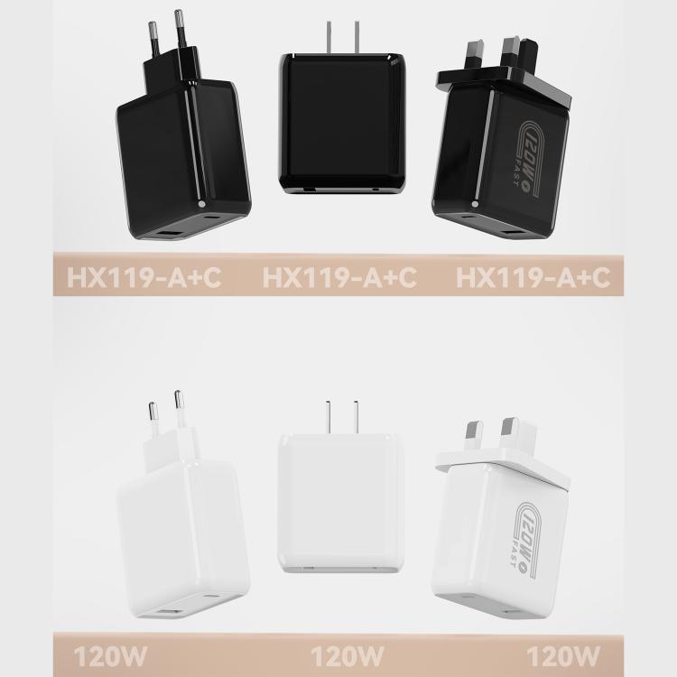 Bộ sạc nhanh HX119 120W giao diện kép USB và Type-C, phích cắm EU, phích cắm UK, phích cắm US