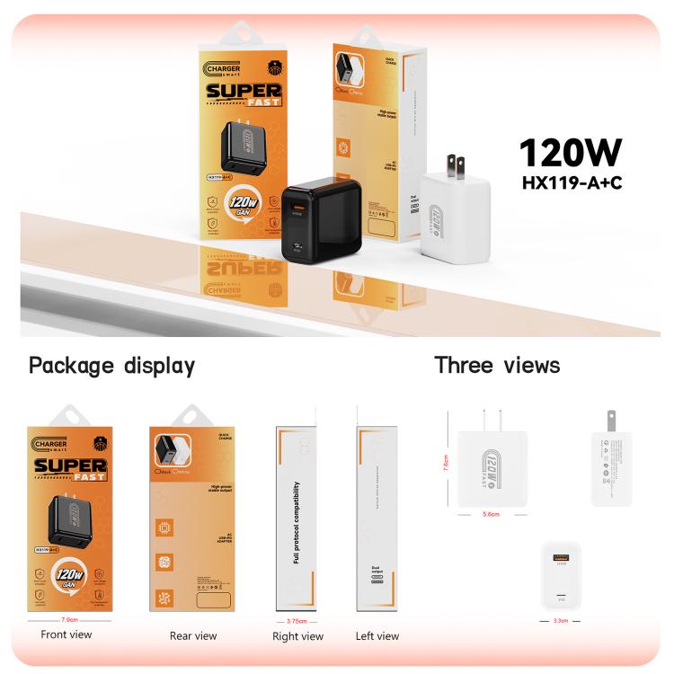 Bộ sạc nhanh HX119 120W giao diện kép USB và Type-C, phích cắm EU, phích cắm UK, phích cắm US