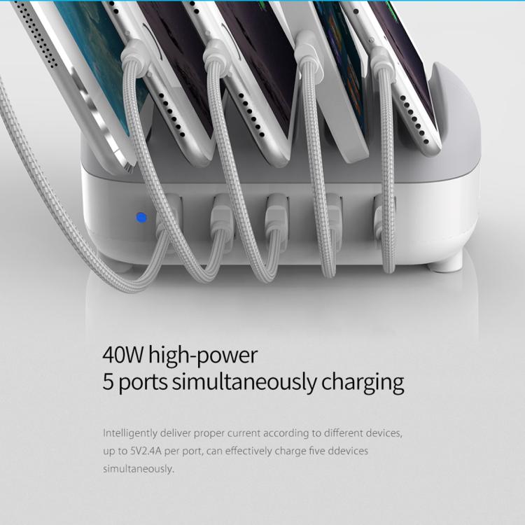 Trạm sạc thông minh ORICO DUK-5P 40W 5 cổng USB kèm giá đỡ, phích cắm US, phích cắm UK, phích cắm AU