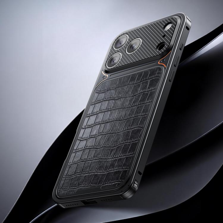 Ốp điện thoại kim loại từ tính họa tiết da sang trọng có khóa lò xo, dành cho iPhone 17 Pro Max, iPhone 17 Pro
