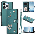 Ốp điện thoại da thuần chay hai lớp họa tiết hoa tim ZS01 có dây đeo tay, dành cho iPhone 16 Pro, iPhone 16 Plus, iPhone 16, iPhone 15 Pro Max, iPhone 15 Pro, iPhone 15 Plus