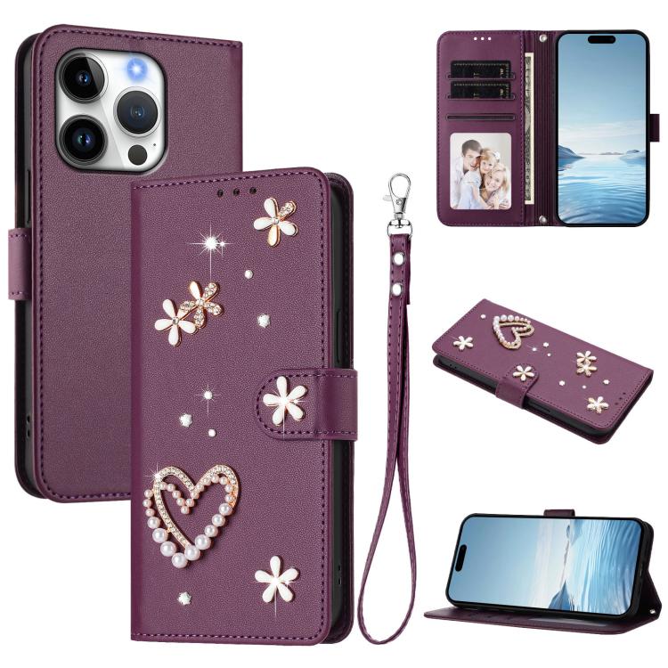 Ốp điện thoại da thuần chay hai lớp họa tiết hoa tim ZS01 có dây đeo tay, dành cho iPhone 16 Pro, iPhone 16 Plus, iPhone 16, iPhone 15 Pro Max, iPhone 15 Pro, iPhone 15 Plus