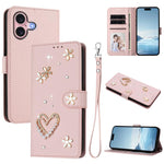 Ốp điện thoại da thuần chay hai lớp họa tiết hoa tim ZS01 có dây đeo tay, dành cho iPhone 16 Pro, iPhone 16 Plus, iPhone 16, iPhone 15 Pro Max, iPhone 15 Pro, iPhone 15 Plus